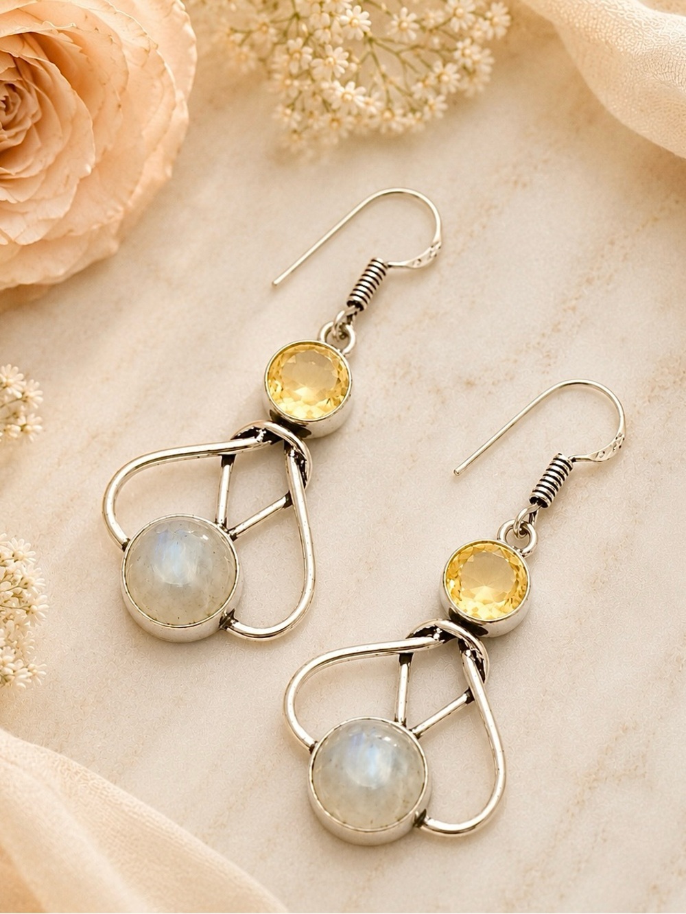 Yellow Citrine & Moonstone 925 Silver Dangle Drop 2” Earrings